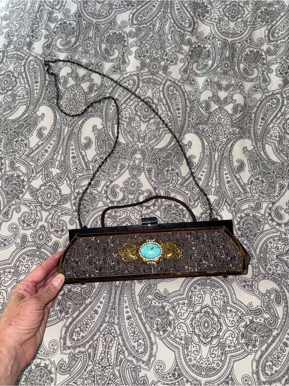 Beaded Brown Evening Clutch with Turquoise Accent
